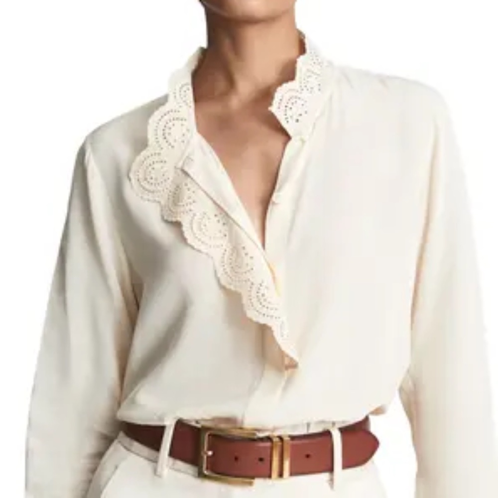 Reiss Cream Eyelet-Trim Long-Sleeve Blouse